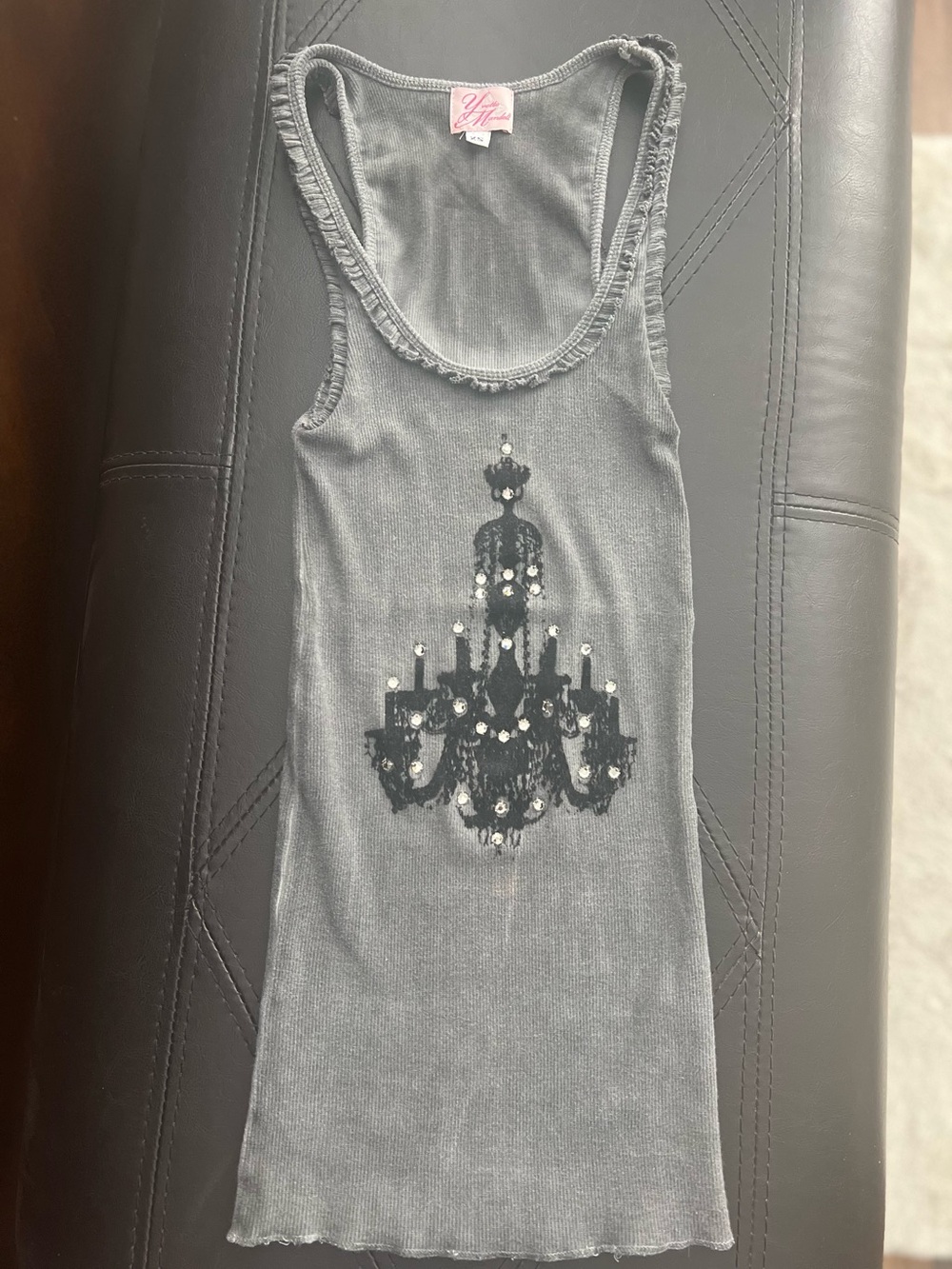 Y2K Yvette Mandell Gray Ribbed Rhinestone Chandelier Tank Top XS